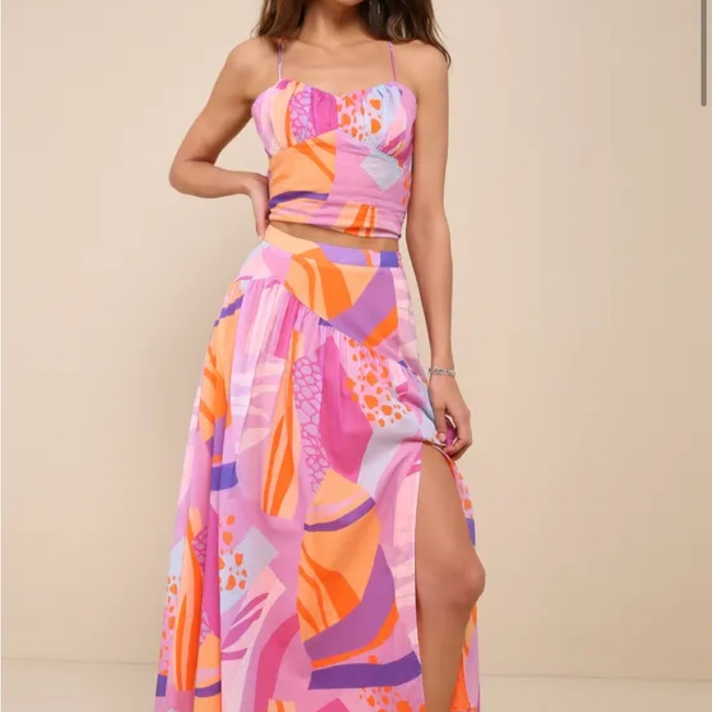 Lulu's Pink and Orange Abstract Skirt Set